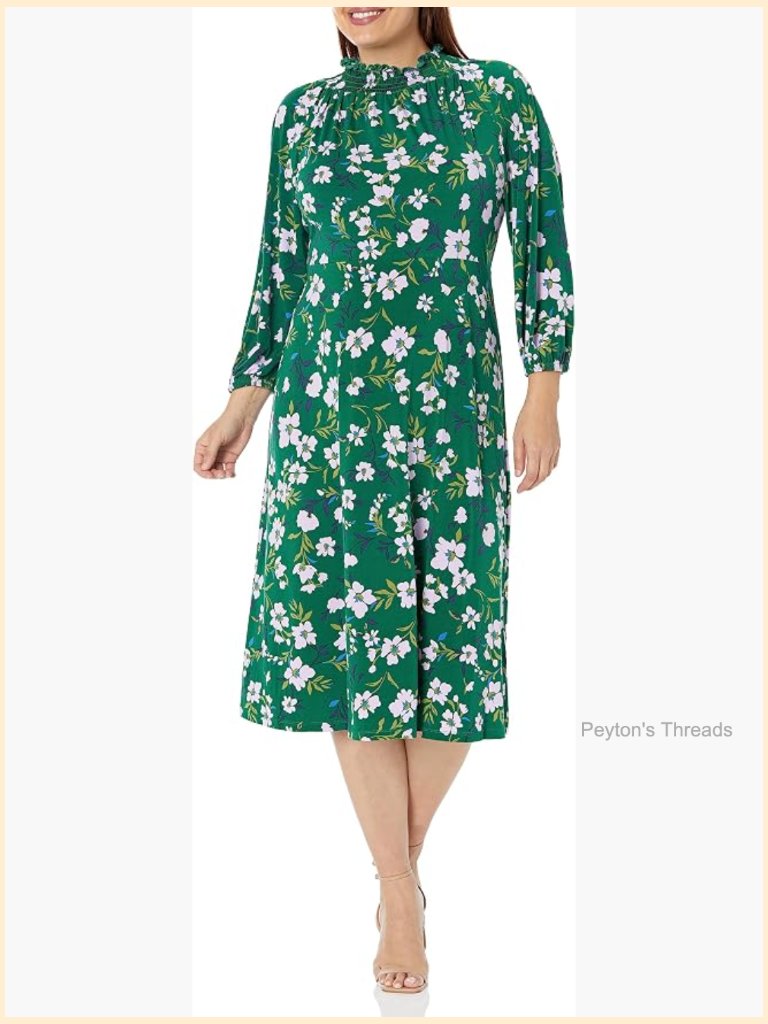 Smocked Mock Neck Midi Dress With Ruffle 3/4 Sleeves Floral Sheath